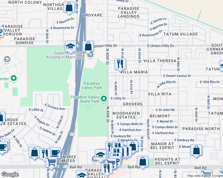 map of restaurants, bars, coffee shops, grocery stores, and more near 17855 North 40th Street in Phoenix