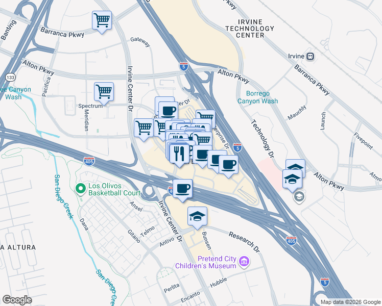 map of restaurants, bars, coffee shops, grocery stores, and more near 670 Spectrum Center Drive in Irvine