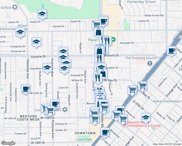 map of restaurants, bars, coffee shops, grocery stores, and more near 2077 Charle Street in Costa Mesa