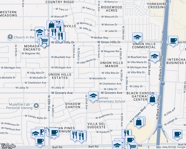 map of restaurants, bars, coffee shops, grocery stores, and more near 18001 North 31st Drive in Phoenix