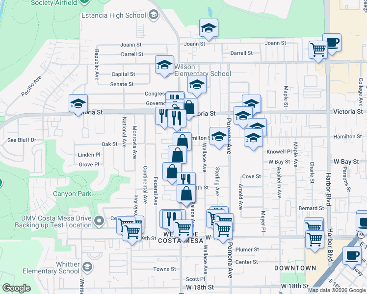 map of restaurants, bars, coffee shops, grocery stores, and more near 2060b Palace Avenue in Costa Mesa