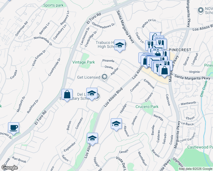 map of restaurants, bars, coffee shops, grocery stores, and more near 27342 Padilla in Mission Viejo