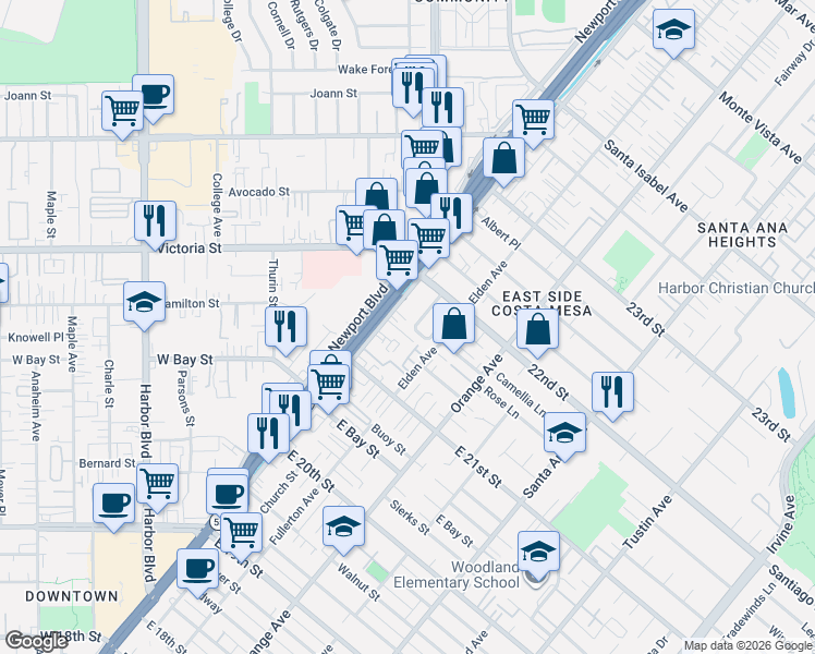 map of restaurants, bars, coffee shops, grocery stores, and more near 2157 Rural Lane in Costa Mesa