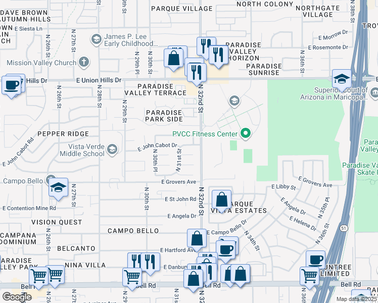 map of restaurants, bars, coffee shops, grocery stores, and more near 3141 East Charleston Avenue in Phoenix