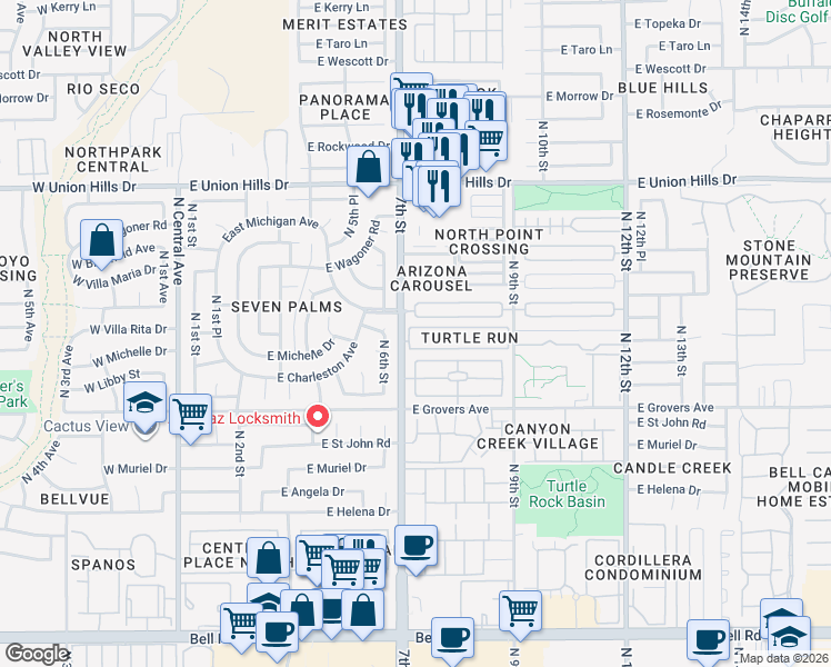map of restaurants, bars, coffee shops, grocery stores, and more near 714 East Morningside Drive in Phoenix