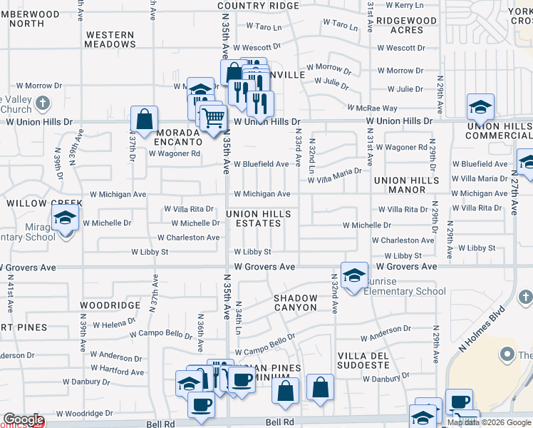 map of restaurants, bars, coffee shops, grocery stores, and more near 18005 North 34th Drive in Phoenix