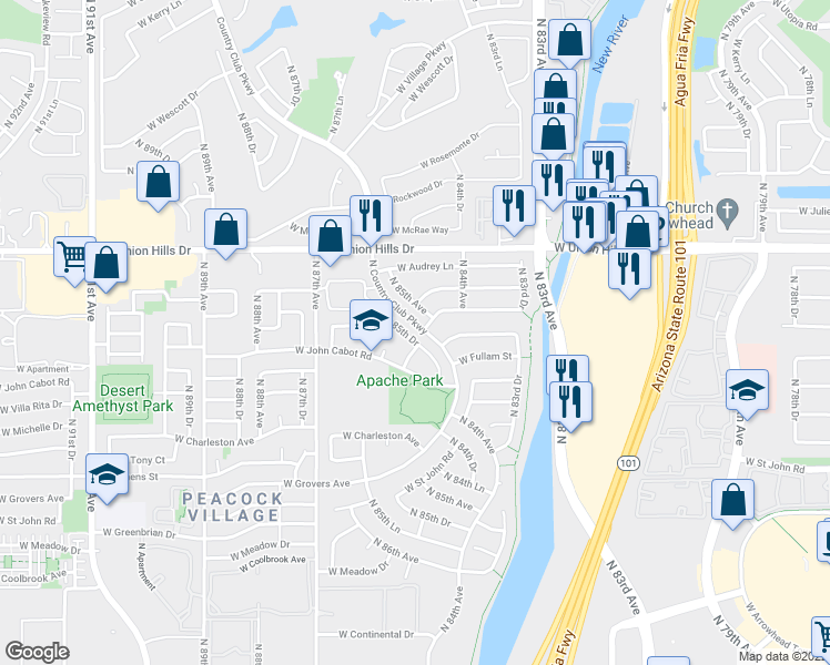 map of restaurants, bars, coffee shops, grocery stores, and more near 18217 North 85th Drive in Peoria