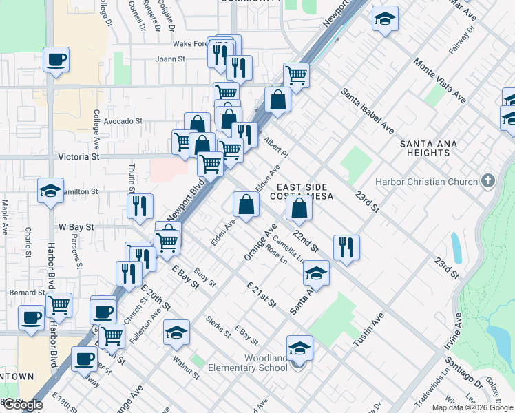 map of restaurants, bars, coffee shops, grocery stores, and more near 177 22nd Street in Costa Mesa