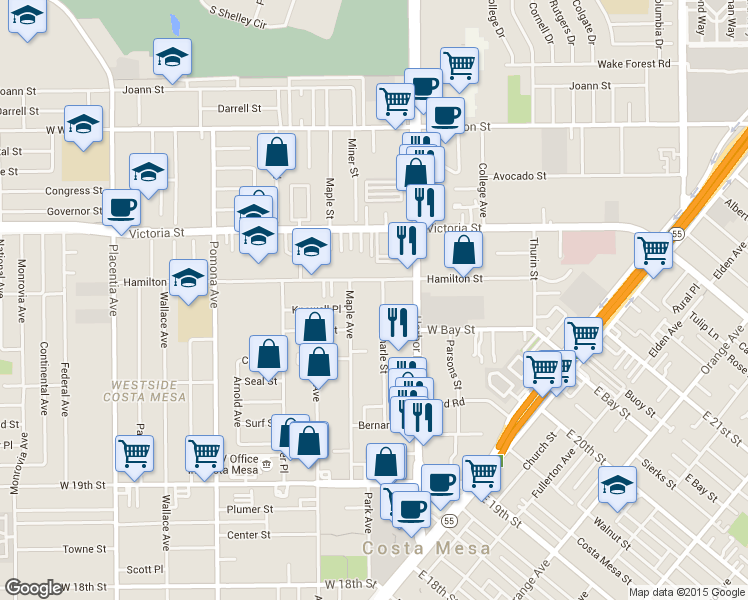 map of restaurants, bars, coffee shops, grocery stores, and more near 2063 Charle Street in Costa Mesa