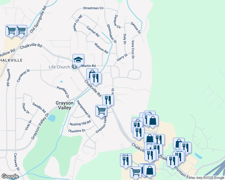 map of restaurants, bars, coffee shops, grocery stores, and more near 2702 Evergreen Drive in Birmingham