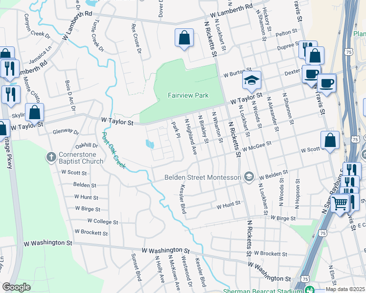 map of restaurants, bars, coffee shops, grocery stores, and more near 1201 Park Place in Sherman