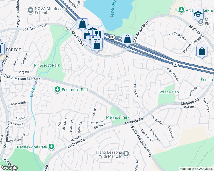 map of restaurants, bars, coffee shops, grocery stores, and more near 21562 Andorra in Mission Viejo