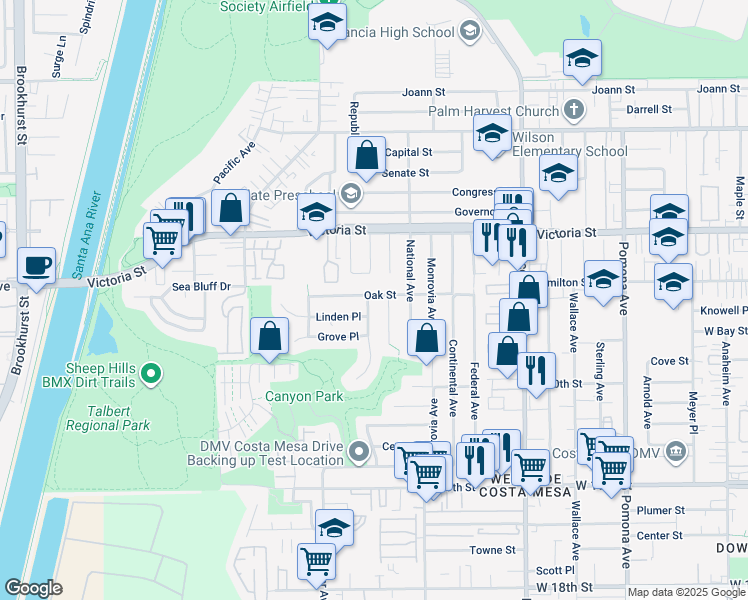 map of restaurants, bars, coffee shops, grocery stores, and more near 939 Oak Street in Costa Mesa