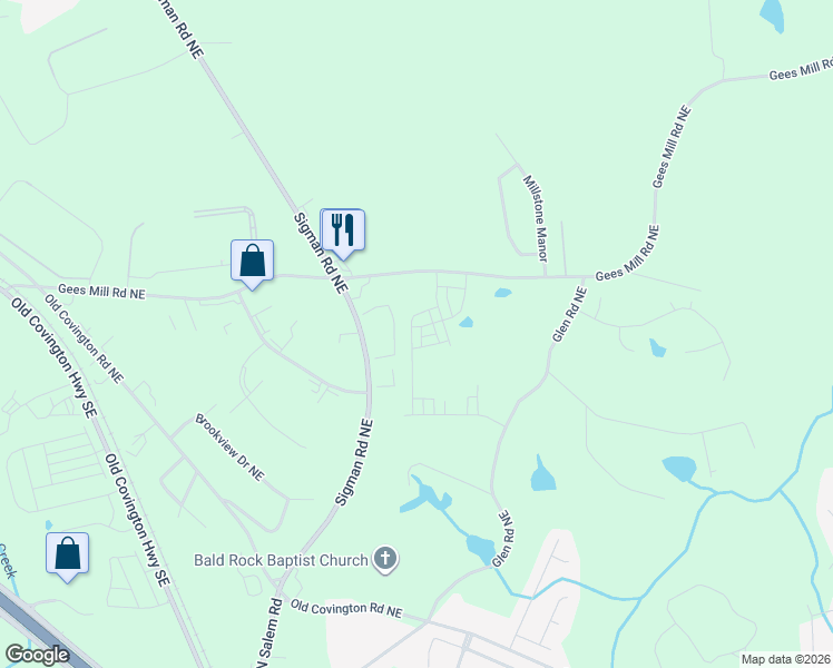 map of restaurants, bars, coffee shops, grocery stores, and more near 2325 Gees Mill Road Northeast in Conyers
