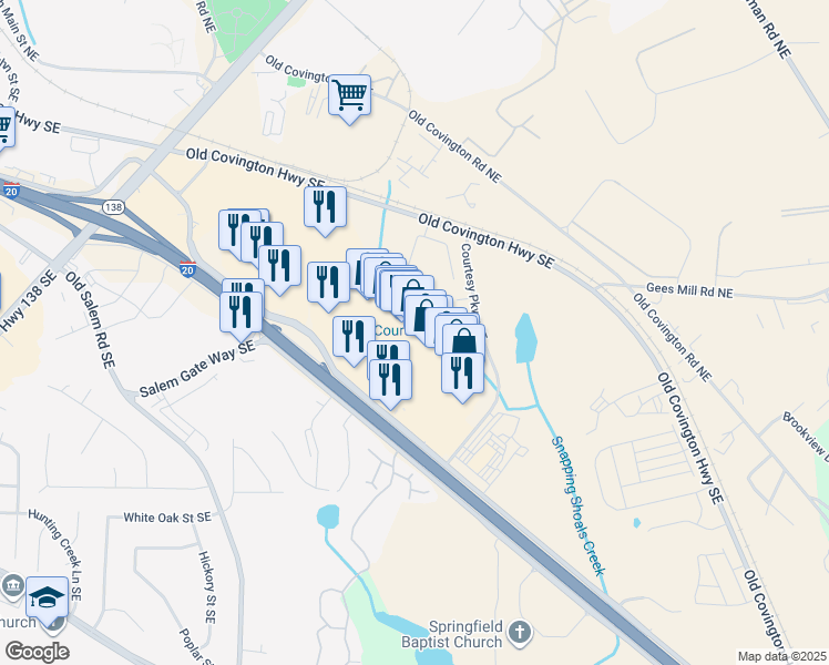 map of restaurants, bars, coffee shops, grocery stores, and more near 1540 Dogwood Drive Southeast in Conyers