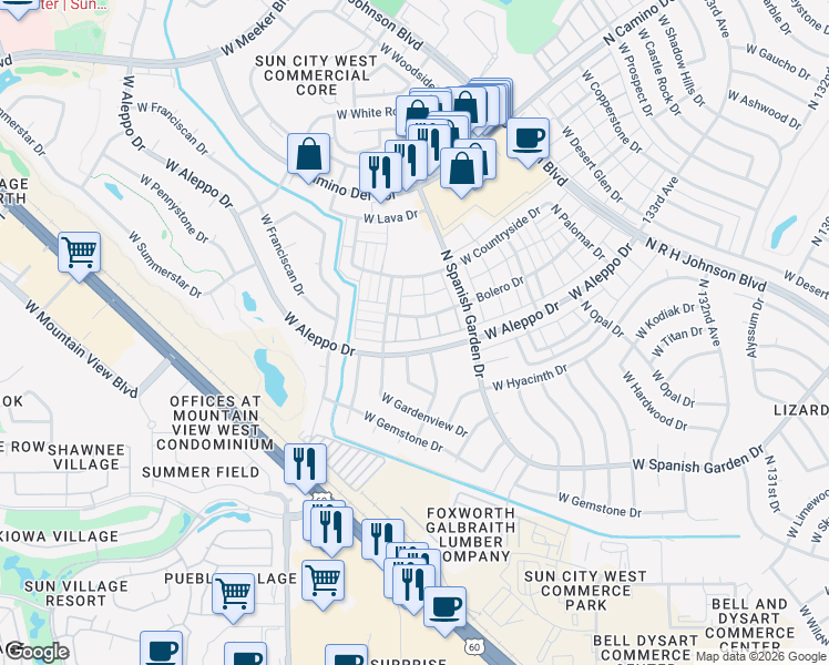 map of restaurants, bars, coffee shops, grocery stores, and more near 13634 West Aleppo Drive in Sun City West