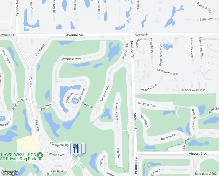 map of restaurants, bars, coffee shops, grocery stores, and more near 54834 Southern Hills in La Quinta