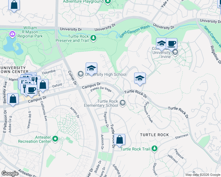 map of restaurants, bars, coffee shops, grocery stores, and more near 4985 Paseo De Vega in Irvine