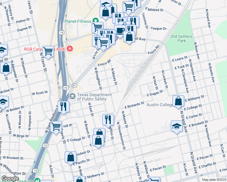 map of restaurants, bars, coffee shops, grocery stores, and more near 704 East Sycamore Street in Sherman