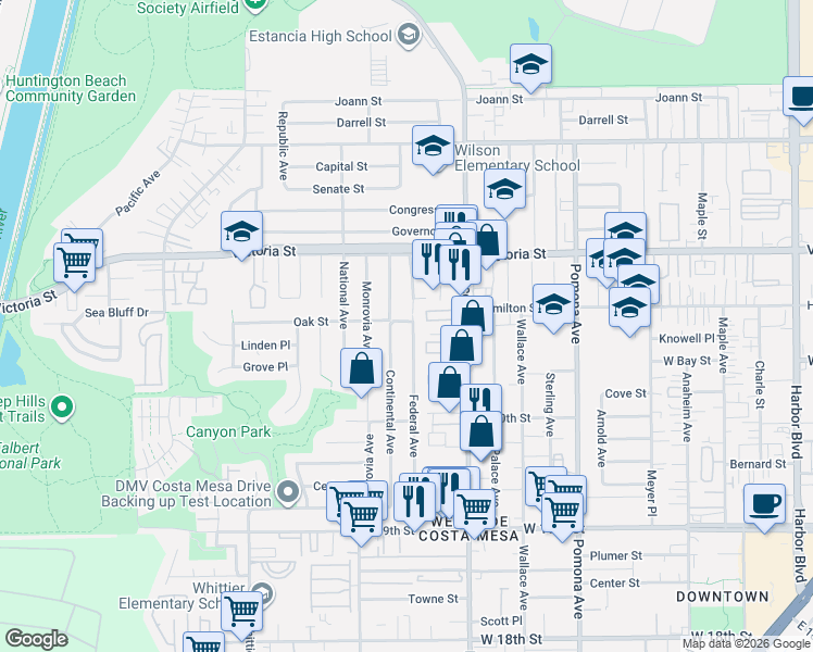 map of restaurants, bars, coffee shops, grocery stores, and more near 853 Oak Street in Costa Mesa