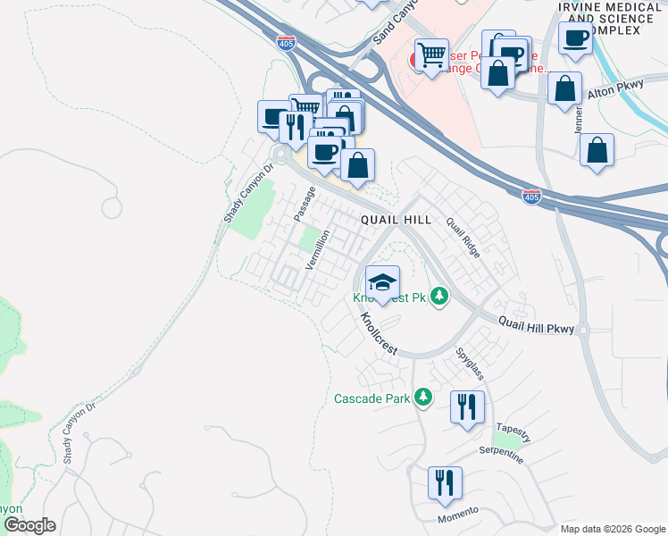 map of restaurants, bars, coffee shops, grocery stores, and more near 259 Dewdrop in Irvine