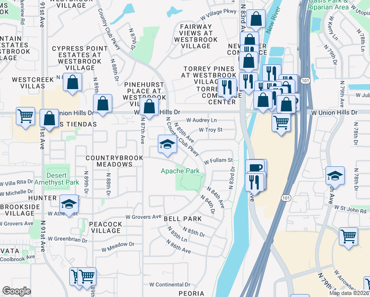 map of restaurants, bars, coffee shops, grocery stores, and more near 18217 North 85th Drive in Peoria