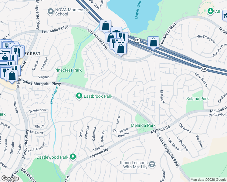map of restaurants, bars, coffee shops, grocery stores, and more near 21511 Canaria in Mission Viejo