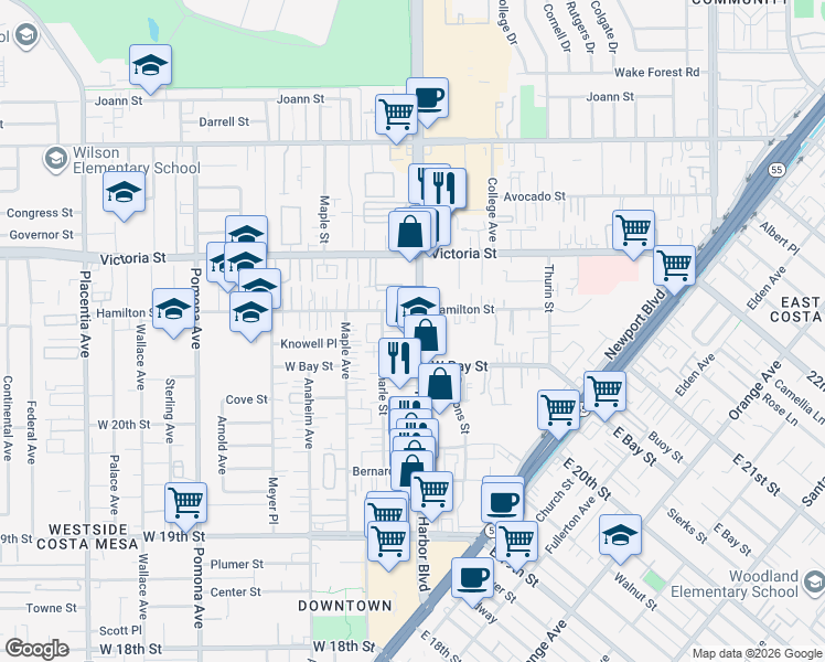 map of restaurants, bars, coffee shops, grocery stores, and more near in Costa Mesa