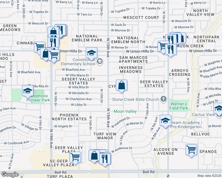 map of restaurants, bars, coffee shops, grocery stores, and more near 1403 West Michelle Drive in Phoenix