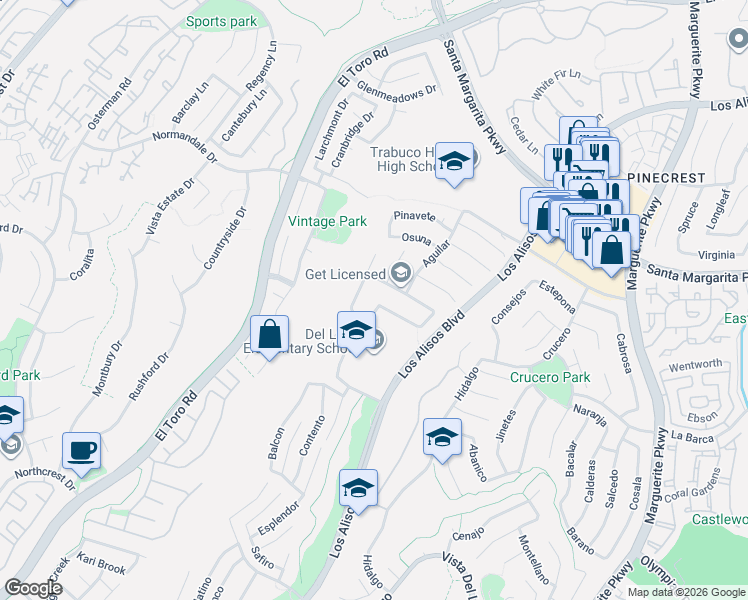 map of restaurants, bars, coffee shops, grocery stores, and more near 27255 Las Nieves in Mission Viejo