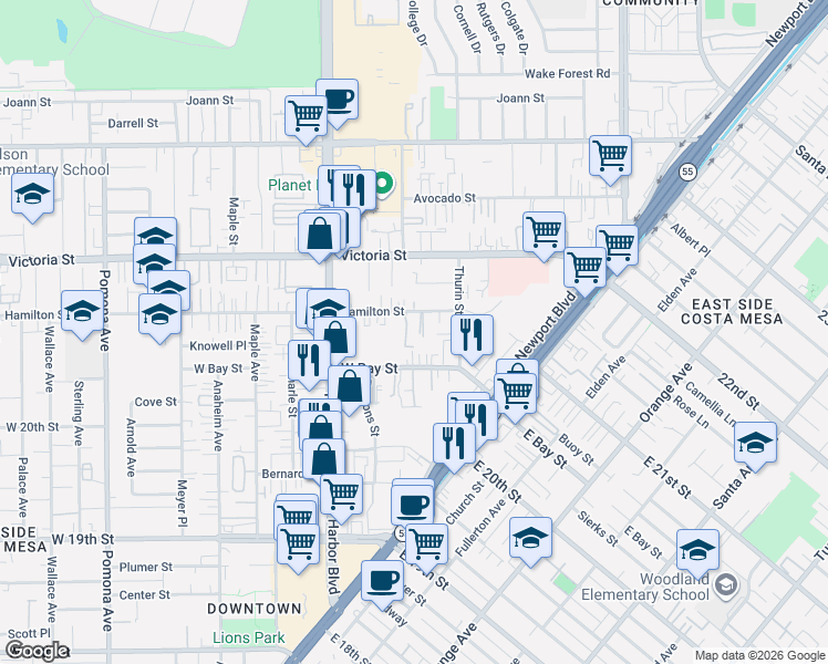 map of restaurants, bars, coffee shops, grocery stores, and more near 396 West Bay Street in Costa Mesa