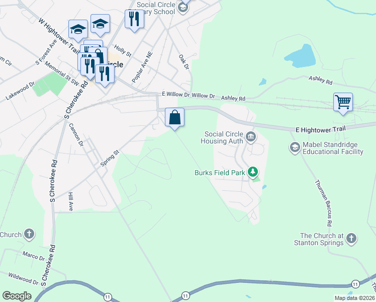 map of restaurants, bars, coffee shops, grocery stores, and more near 713 Vine Circle in Social Circle