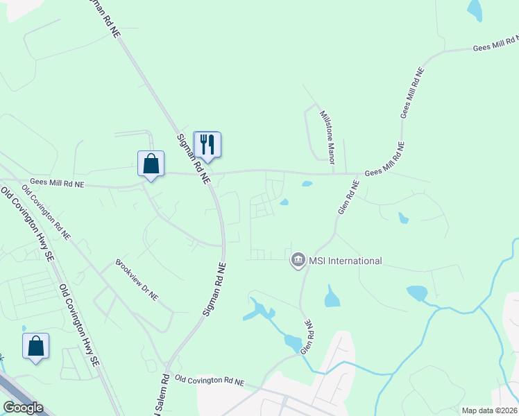 map of restaurants, bars, coffee shops, grocery stores, and more near 2325 Gees Mill Road Northeast in Conyers