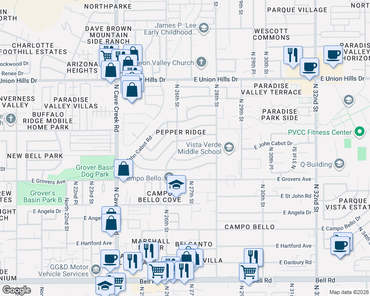 map of restaurants, bars, coffee shops, grocery stores, and more near 2632 East Charleston Avenue in Phoenix