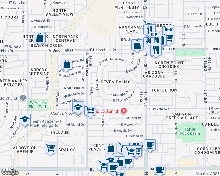 map of restaurants, bars, coffee shops, grocery stores, and more near 18003 North 2nd Street in Phoenix