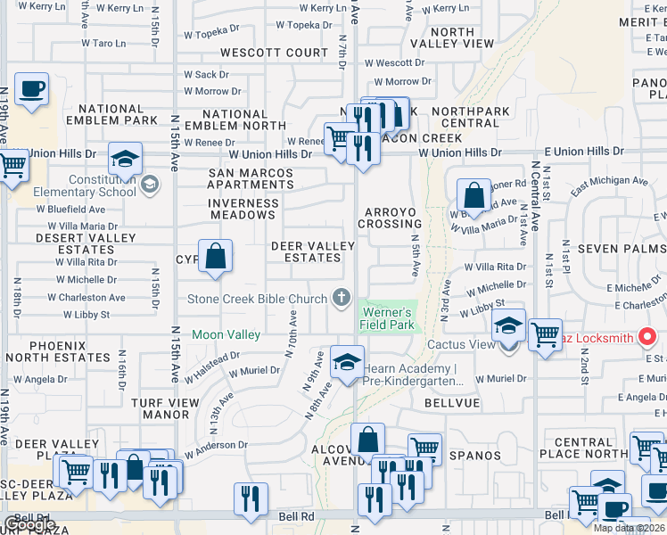 map of restaurants, bars, coffee shops, grocery stores, and more near 817 West Michelle Drive in Phoenix