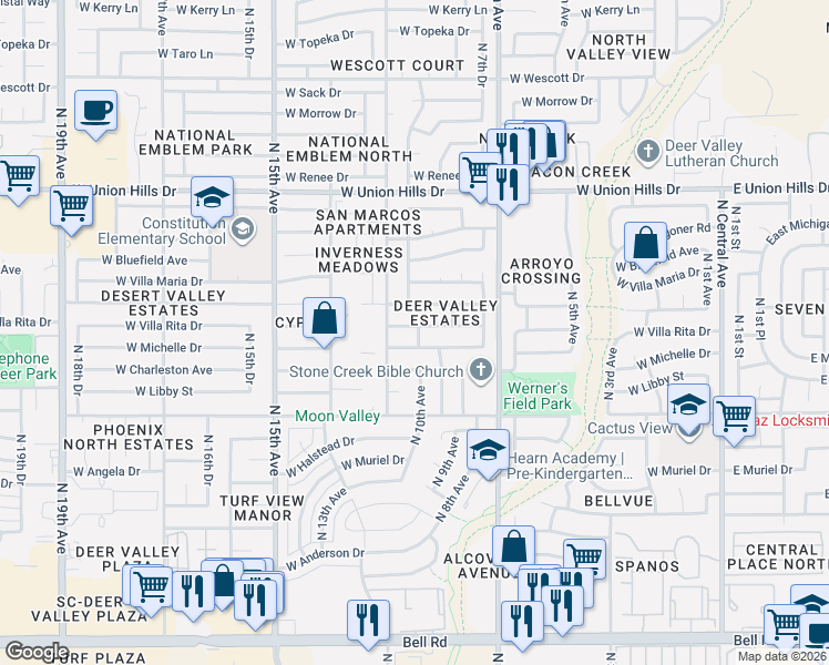 map of restaurants, bars, coffee shops, grocery stores, and more near 1001 West Michelle Drive in Phoenix