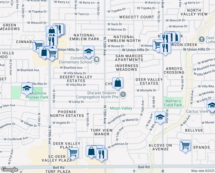 map of restaurants, bars, coffee shops, grocery stores, and more near 1403 West Michelle Drive in Phoenix