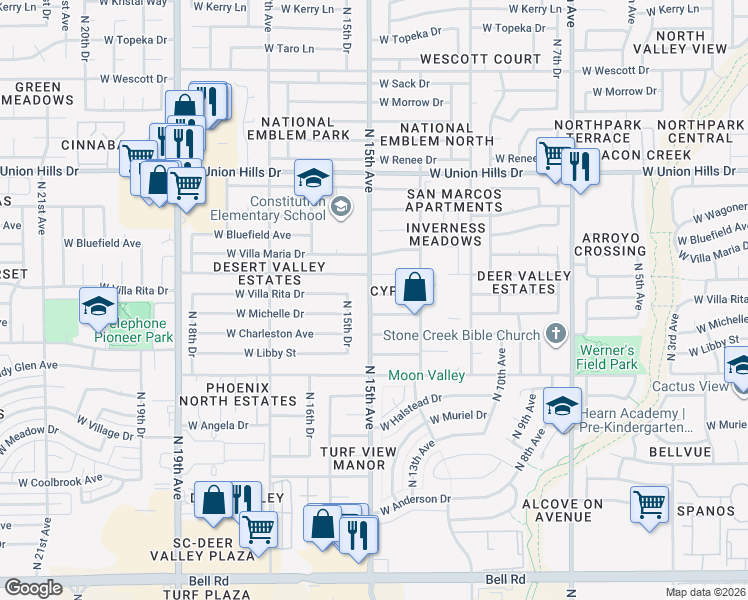 map of restaurants, bars, coffee shops, grocery stores, and more near 18009 North 15th Drive in Phoenix