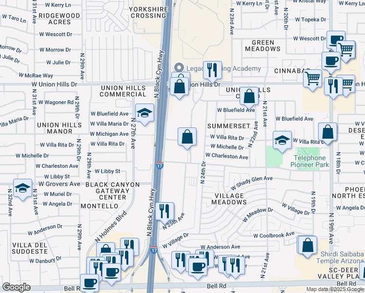 map of restaurants, bars, coffee shops, grocery stores, and more near 2201 West Union Hills Drive in Phoenix
