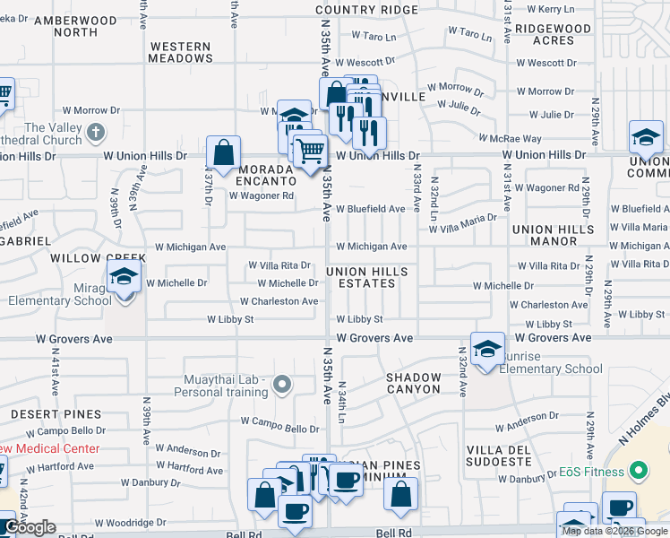 map of restaurants, bars, coffee shops, grocery stores, and more near 18009 North 35th Avenue in Phoenix