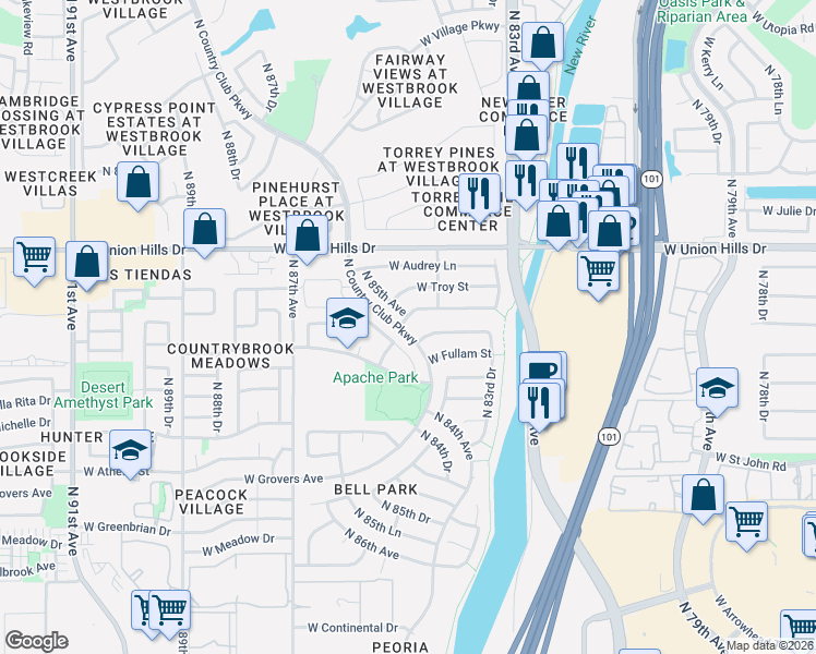 map of restaurants, bars, coffee shops, grocery stores, and more near 18217 North 85th Drive in Peoria