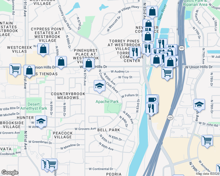 map of restaurants, bars, coffee shops, grocery stores, and more near 18217 North 85th Drive in Peoria
