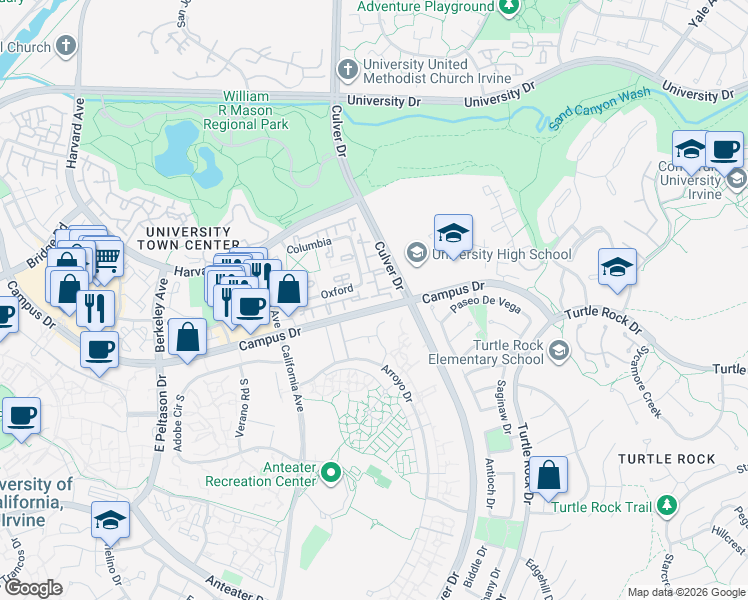 map of restaurants, bars, coffee shops, grocery stores, and more near 63 Dartmouth in Irvine