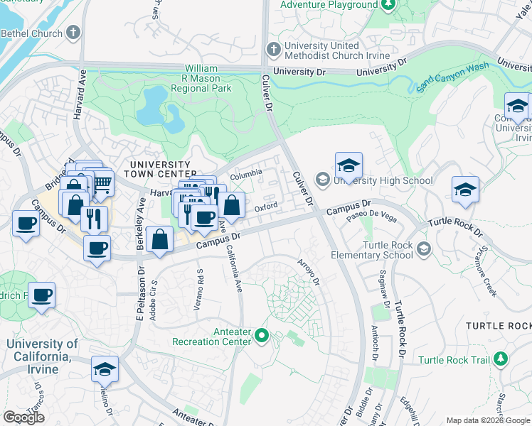 map of restaurants, bars, coffee shops, grocery stores, and more near 23 Dartmouth in Irvine