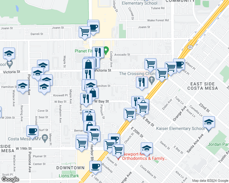 map of restaurants, bars, coffee shops, grocery stores, and more near 396 West Bay Street in Costa Mesa