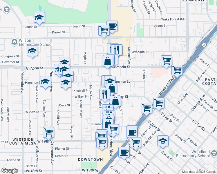 map of restaurants, bars, coffee shops, grocery stores, and more near in Costa Mesa