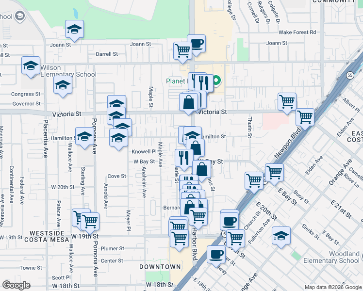 map of restaurants, bars, coffee shops, grocery stores, and more near in Costa Mesa