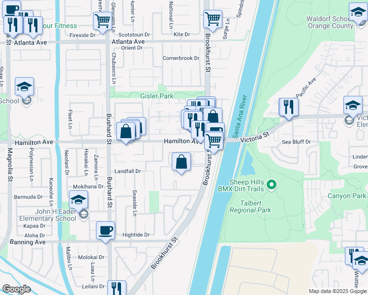 map of restaurants, bars, coffee shops, grocery stores, and more near 21551 Brookhurst Street in Huntington Beach