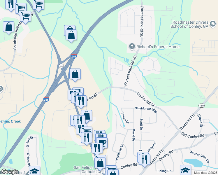 map of restaurants, bars, coffee shops, grocery stores, and more near 92 Old Forest Park Road Southeast in Atlanta